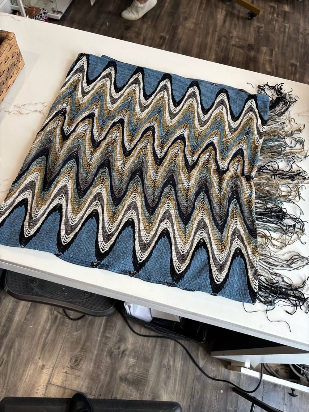 Missoni Chevron Fringe Scarf in Blue, Gold, Black & White